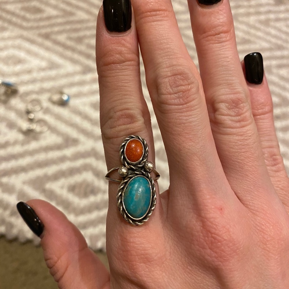 Genuine Turquoise and Coral Ring
